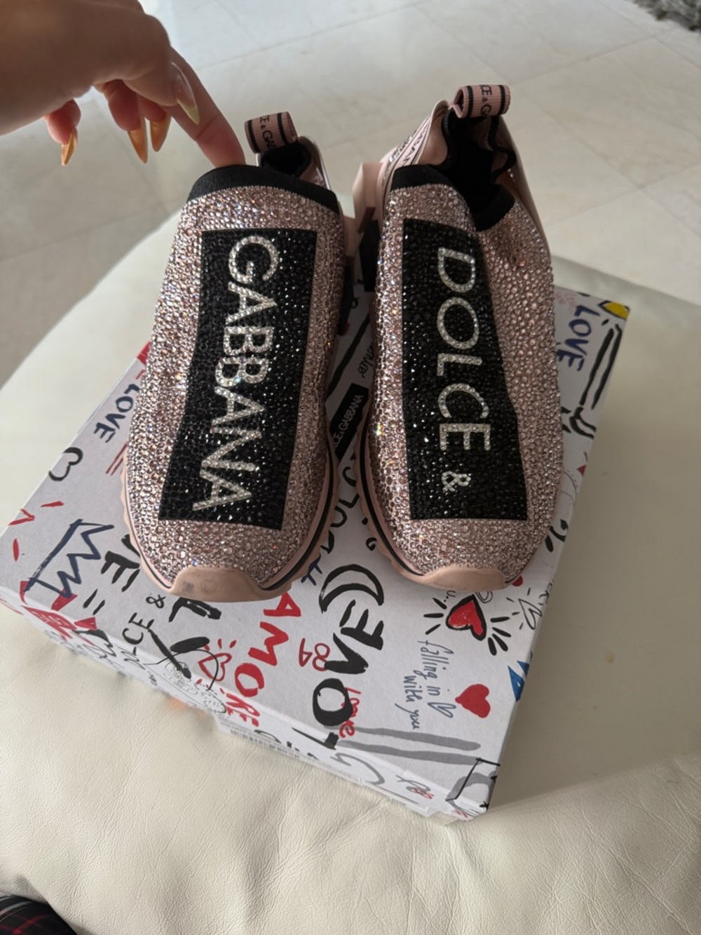 Dolce & Gabbana pink. Rose Gold Crystal Logo Slip-On Sneakers